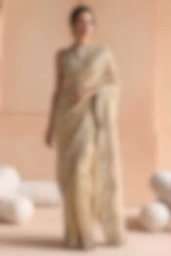 Beige Champagne Tissue Aari Embroidered Reception Saree Set by OSAA By Adarsh at Pernia's Pop Up Shop