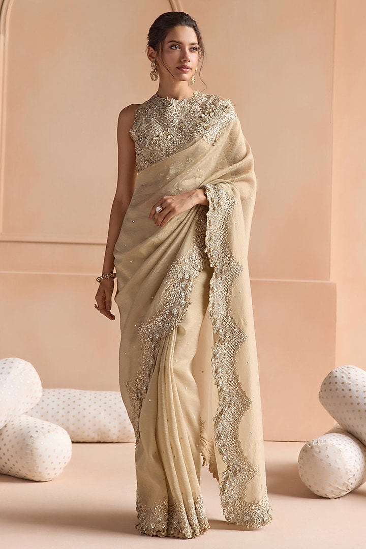 Beige Champagne Tissue Aari Embroidered Reception Saree Set by OSAA By Adarsh at Pernia's Pop Up Shop