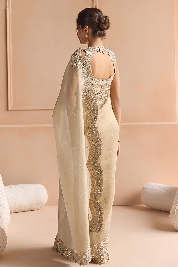 Beige Champagne Tissue Aari Embroidered Reception Saree Set by OSAA By Adarsh at Pernia's Pop Up Shop