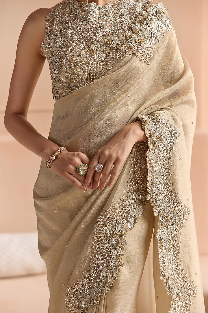 Beige Champagne Tissue Aari Embroidered Reception Saree Set by OSAA By Adarsh at Pernia's Pop Up Shop