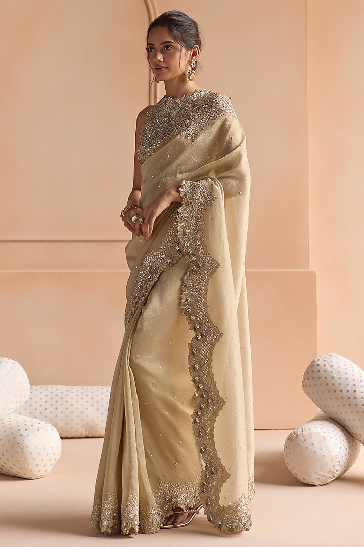 Beige Champagne Tissue Aari Embroidered Reception Saree Set by OSAA By Adarsh at Pernia's Pop Up Shop