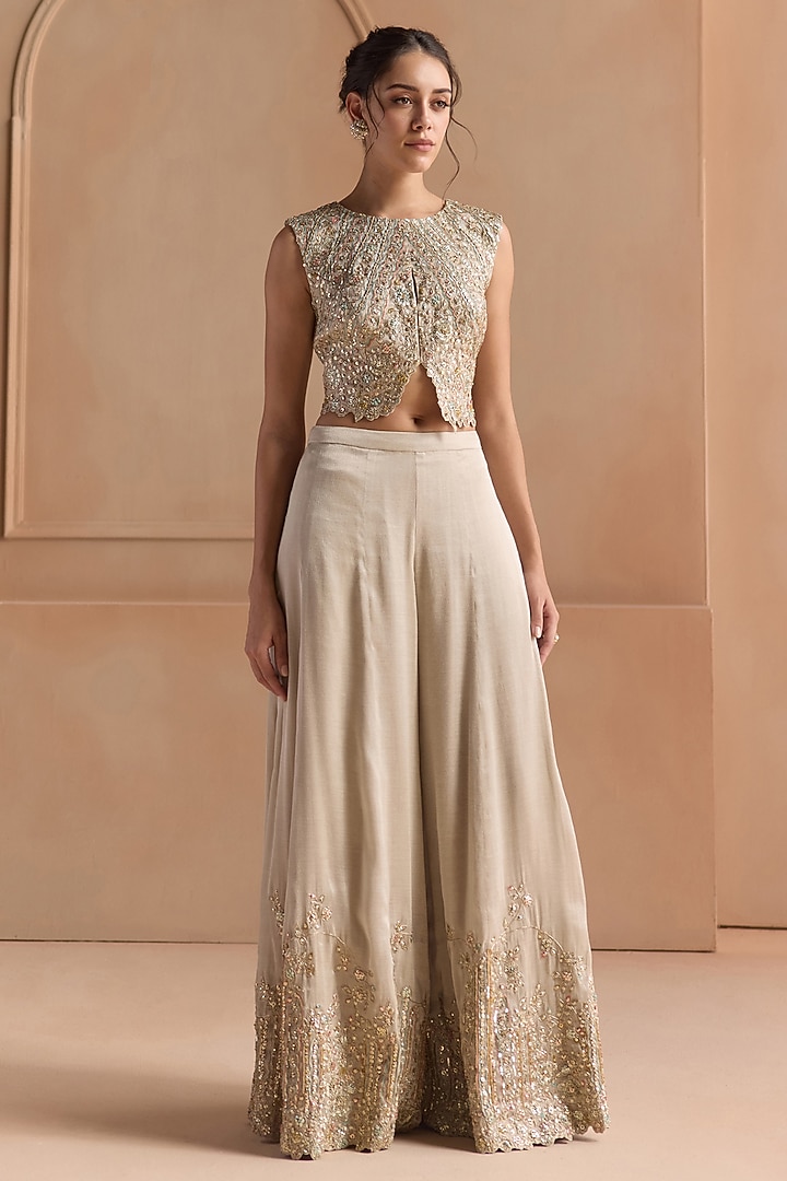 Platinum Grey Tissue Weave Aari Embroidered Gharara Set by Osaa By Adarsh at Pernia's Pop Up Shop