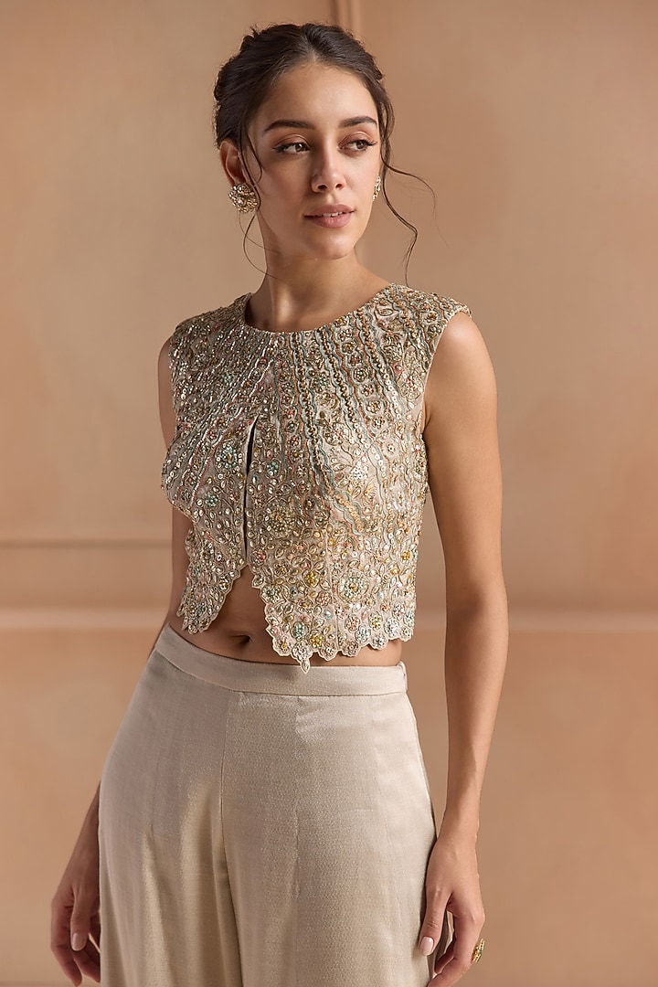 Platinum Grey Tissue Weave Aari Embroidered Gharara Set by Osaa By Adarsh at Pernia's Pop Up Shop
