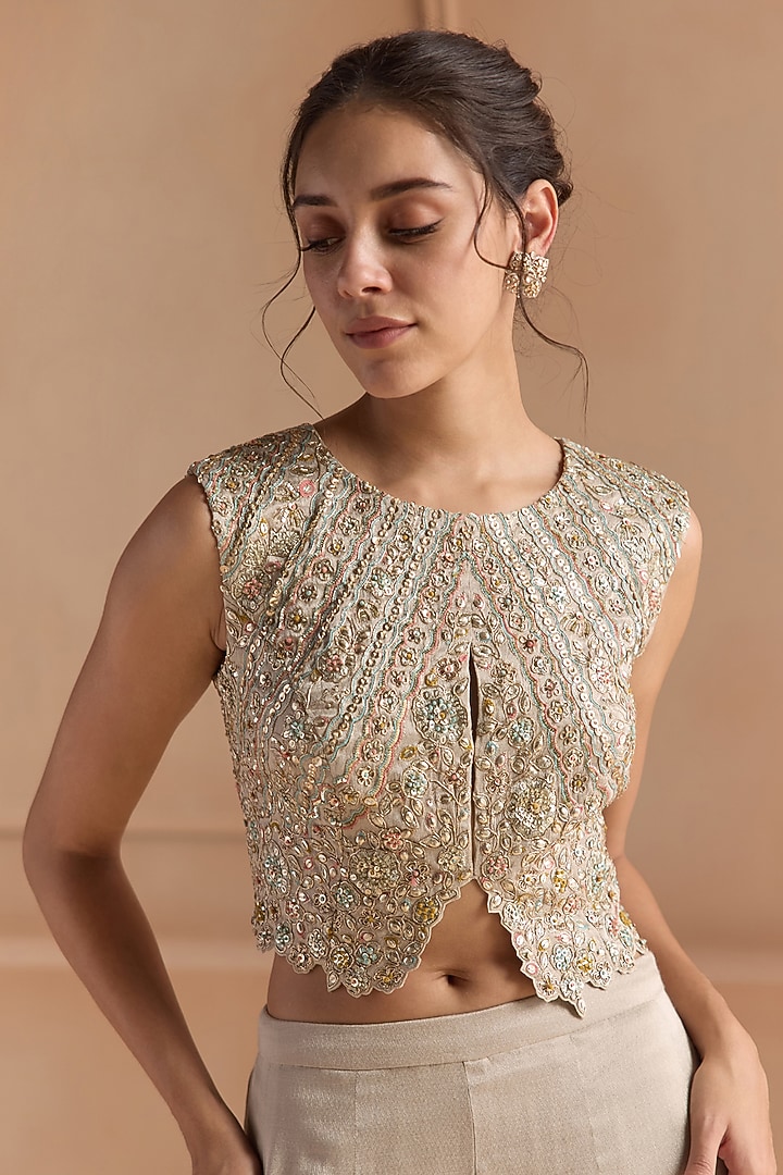 Platinum Grey Tissue Weave Aari Embroidered Gharara Set by Osaa By Adarsh at Pernia's Pop Up Shop