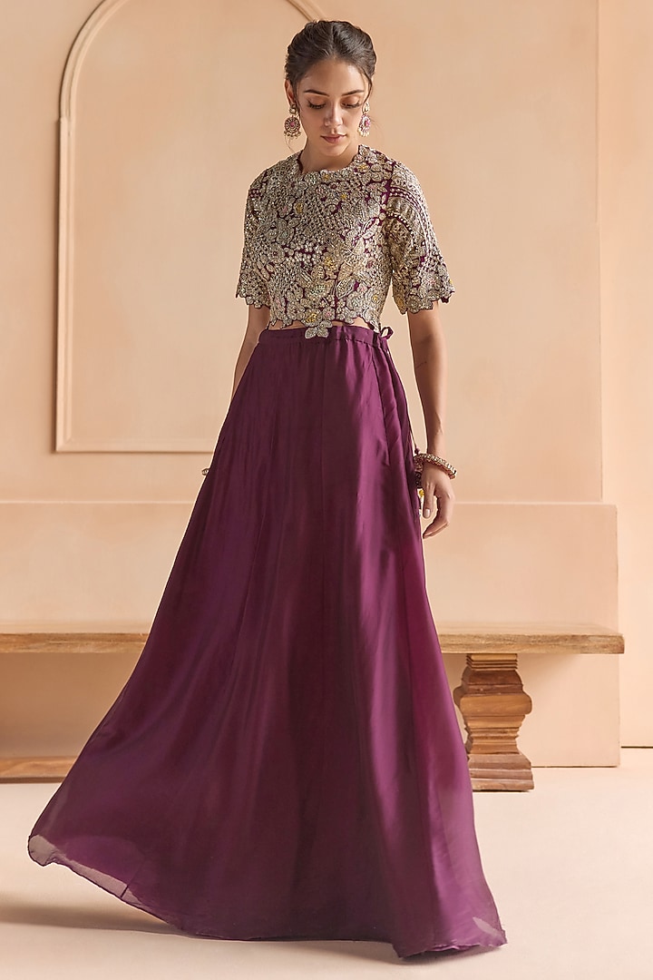 Aubergine Satin Silk Aari Embroidered Skirt Set by Osaa By Adarsh at Pernia's Pop Up Shop
