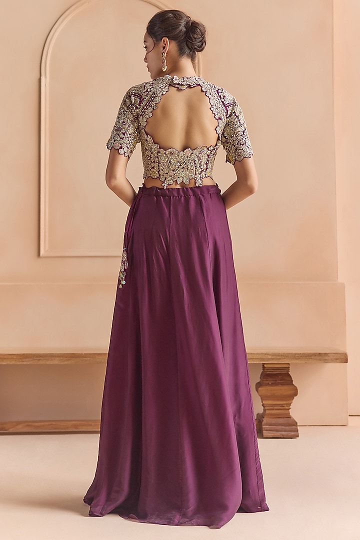 Aubergine Satin Silk Aari Embroidered Skirt Set by Osaa By Adarsh at Pernia's Pop Up Shop