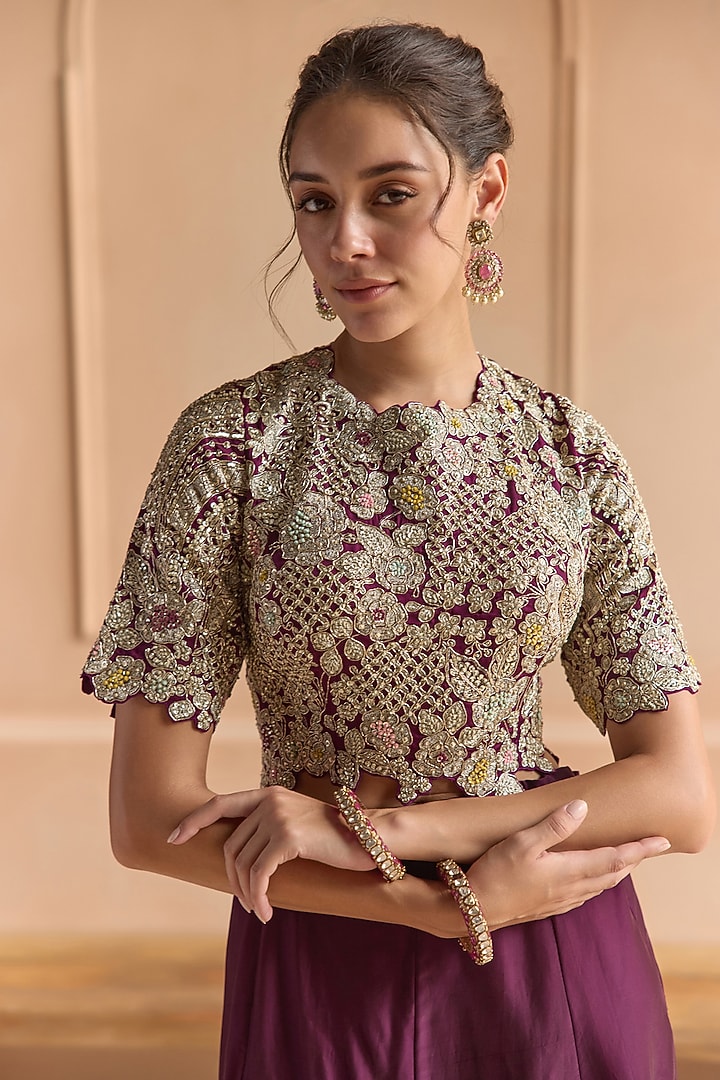 Aubergine Satin Silk Aari Embroidered Skirt Set by Osaa By Adarsh at Pernia's Pop Up Shop