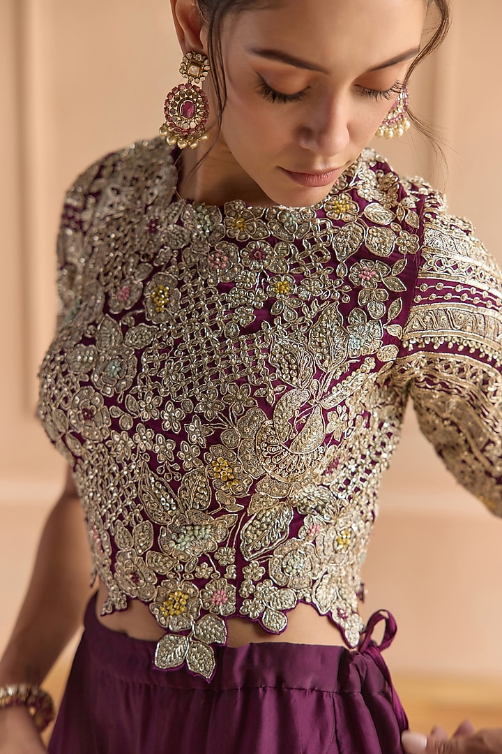 Aubergine Satin Silk Aari Embroidered Skirt Set by Osaa By Adarsh at Pernia's Pop Up Shop