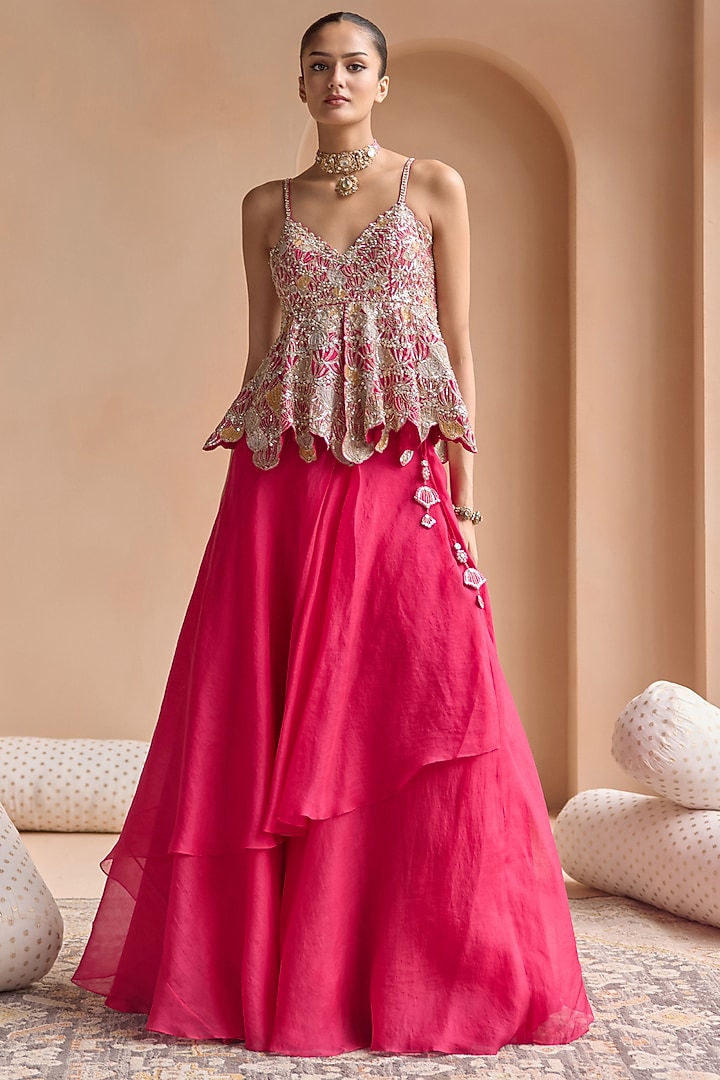 Ruby Red Organza Zardosi & Aari Embroidered Skirt Set by Osaa By Adarsh at Pernia's Pop Up Shop