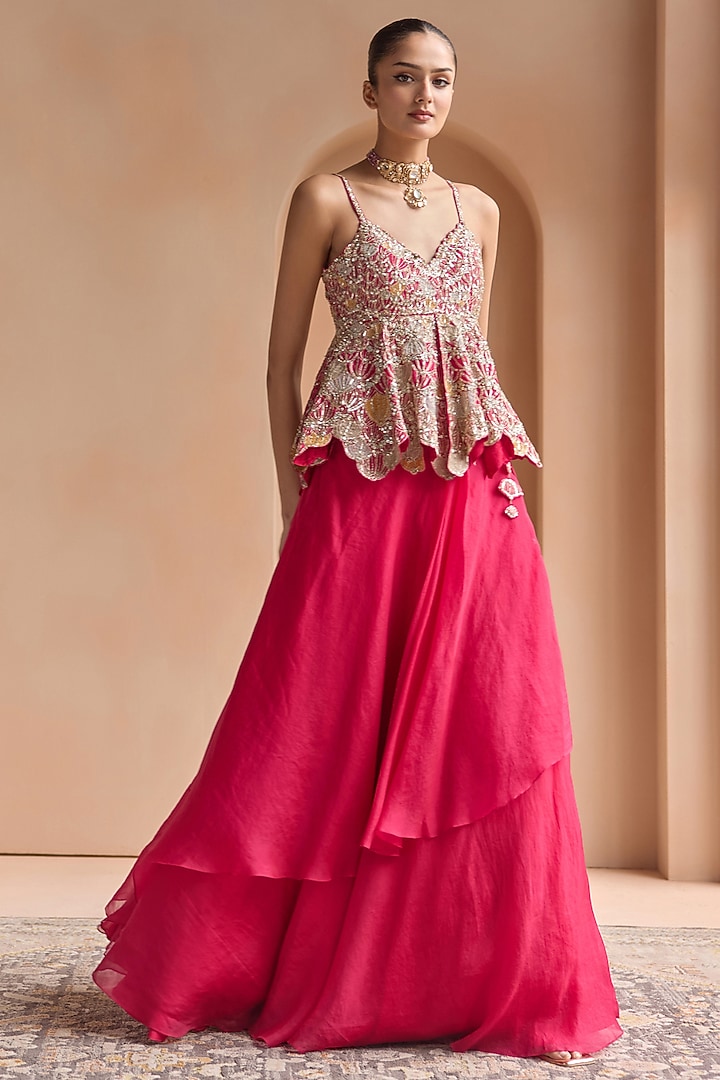 Ruby Red Organza Zardosi & Aari Embroidered Skirt Set by Osaa By Adarsh at Pernia's Pop Up Shop