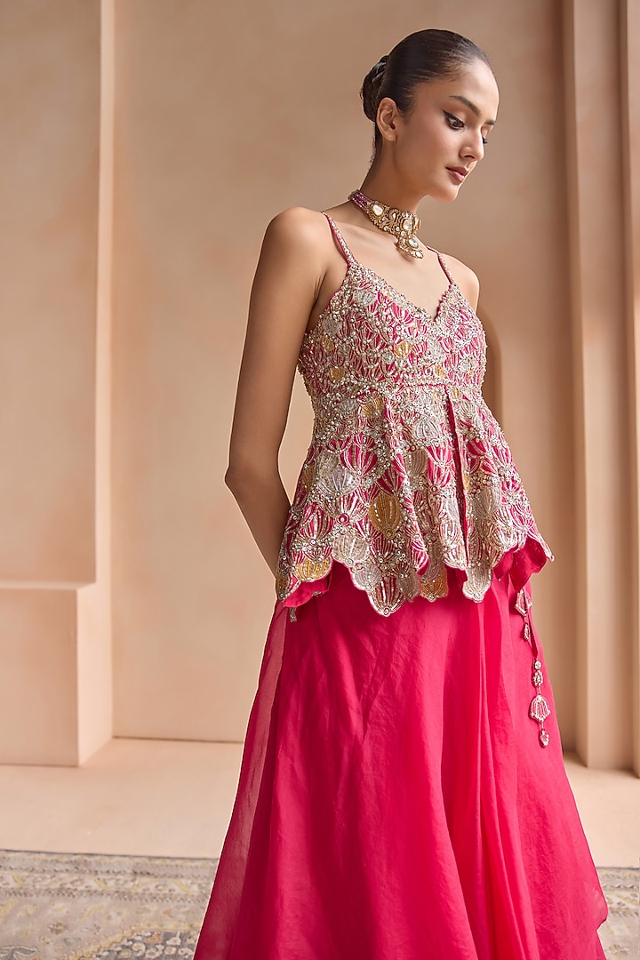 Ruby Red Organza Zardosi & Aari Embroidered Skirt Set by Osaa By Adarsh at Pernia's Pop Up Shop