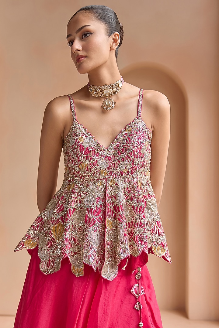 Ruby Red Organza Zardosi & Aari Embroidered Skirt Set by Osaa By Adarsh at Pernia's Pop Up Shop