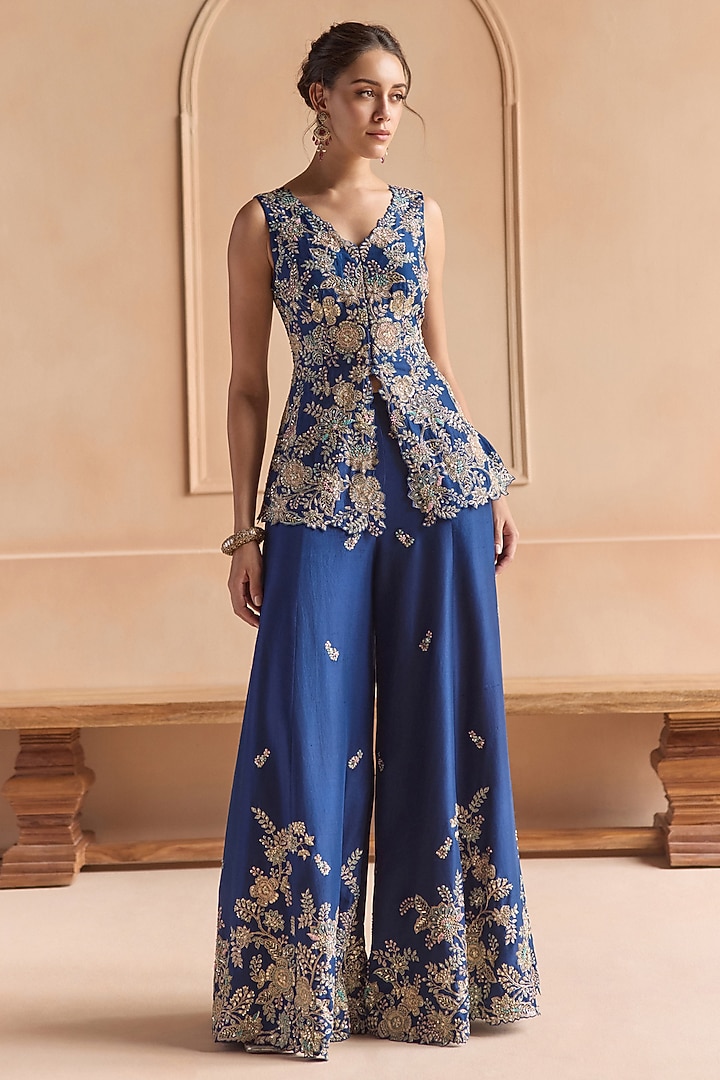French Navy Blue Mulberry Silk Aari Embroidered Gharara Set by Osaa By Adarsh at Pernia's Pop Up Shop