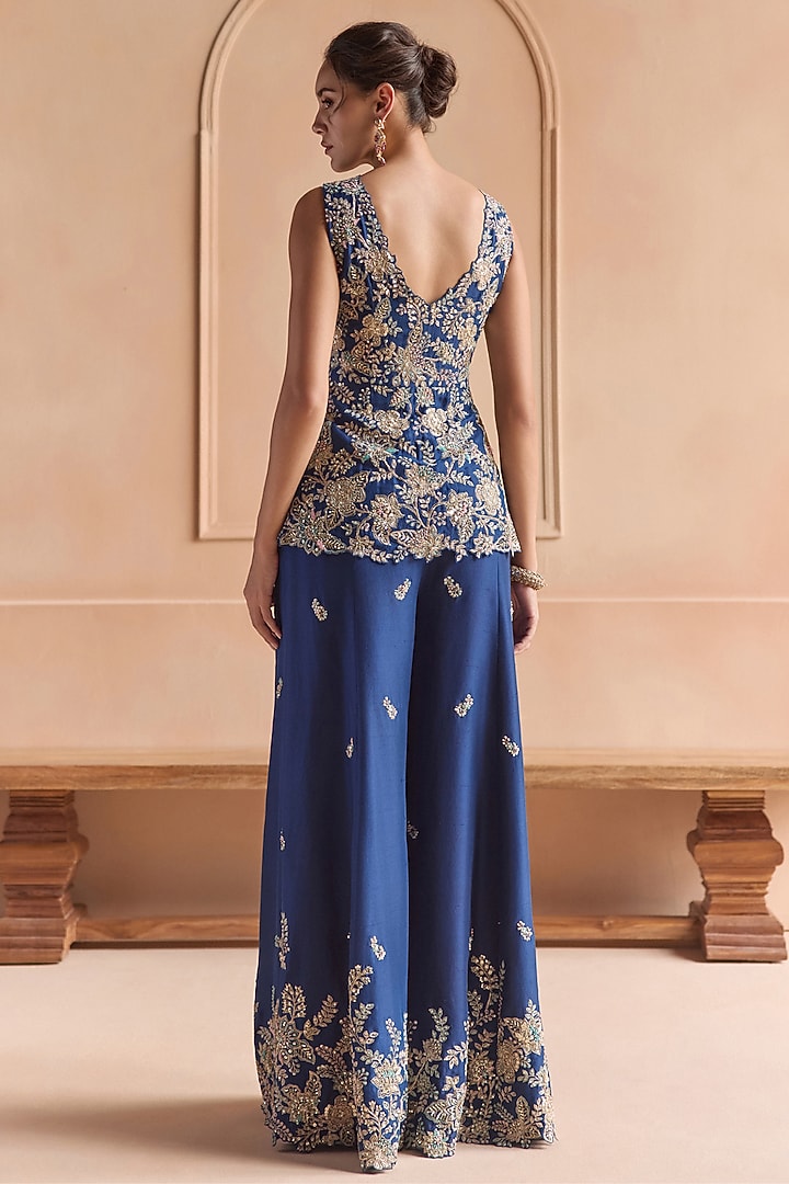 French Navy Blue Mulberry Silk Aari Embroidered Gharara Set by Osaa By Adarsh at Pernia's Pop Up Shop