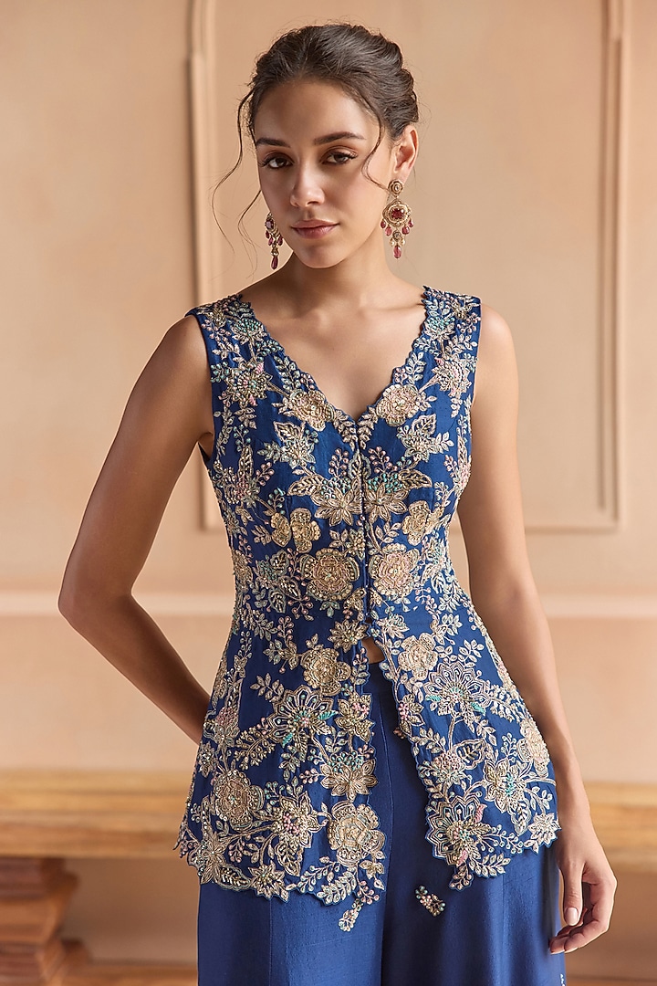 French Navy Blue Mulberry Silk Aari Embroidered Gharara Set by Osaa By Adarsh at Pernia's Pop Up Shop
