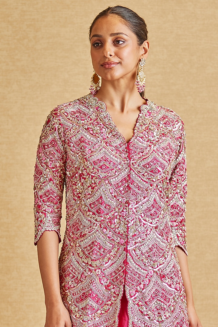 Scarlet Organza Hand Embroidered Jacket Set by OSAA By Adarsh at Pernia's Pop Up Shop