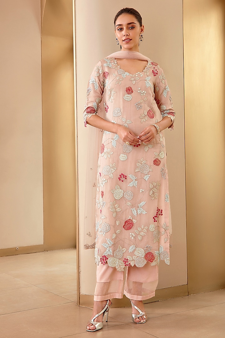 Rose Pink Organza Hand Embroidered Kurta Set by OSAA By Adarsh