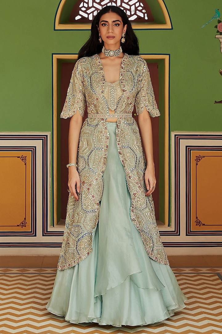 Teal Organza Embroidered Jacket Wedding Lehenga Set by Osaa By Adarsh at Pernia's Pop Up Shop