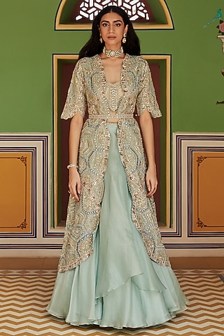 Teal Organza Embroidered Jacket Lehenga Set by Osaa By Adarsh