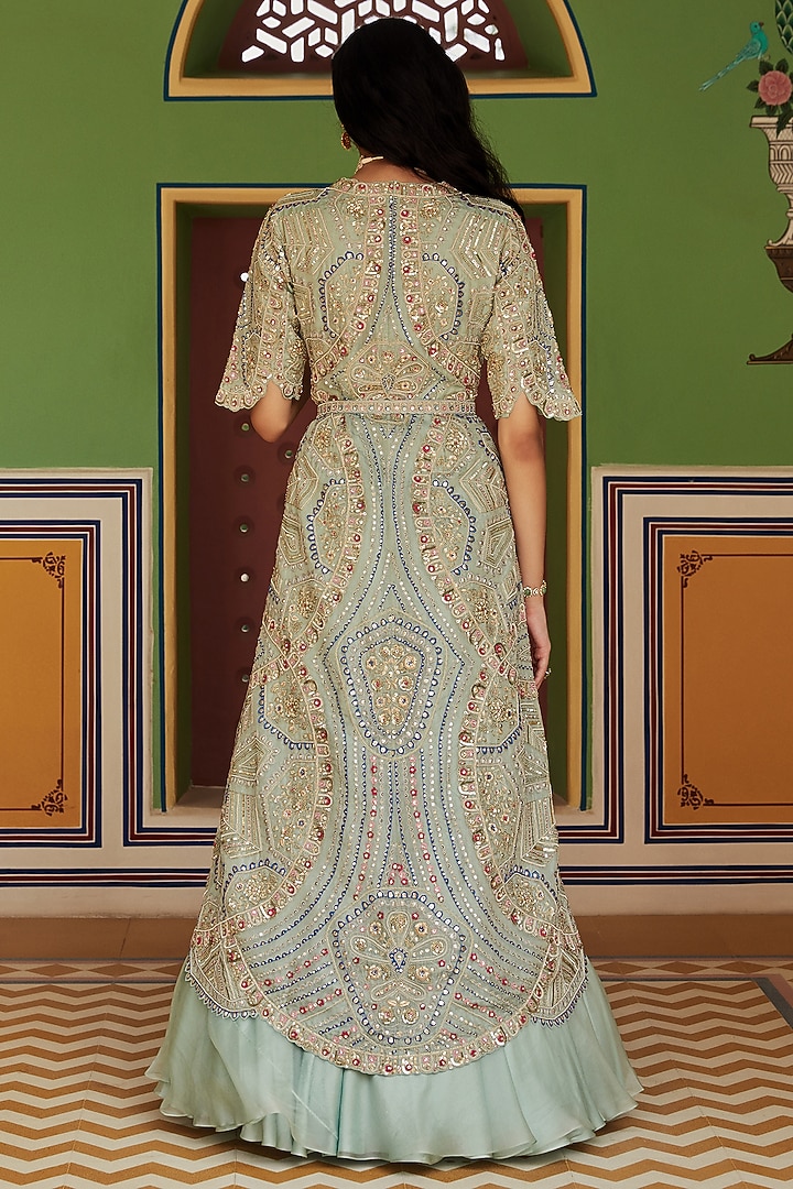 Teal Organza Embroidered Jacket Wedding Lehenga Set by Osaa By Adarsh at Pernia's Pop Up Shop