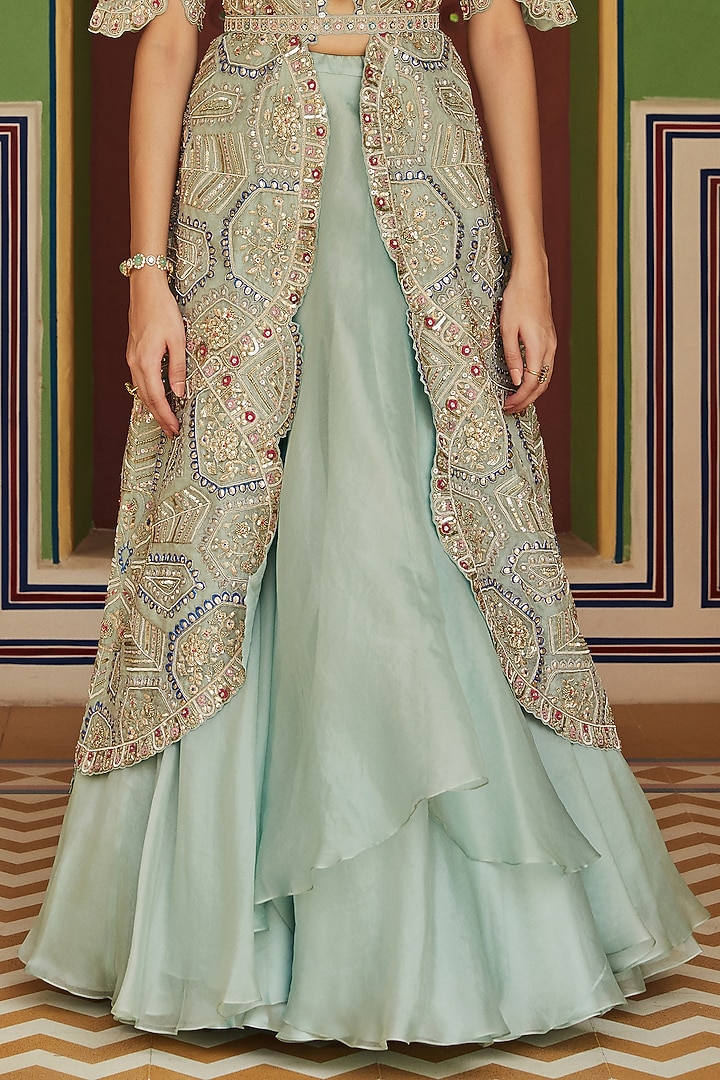 Teal Organza Embroidered Jacket Wedding Lehenga Set by Osaa By Adarsh at Pernia's Pop Up Shop