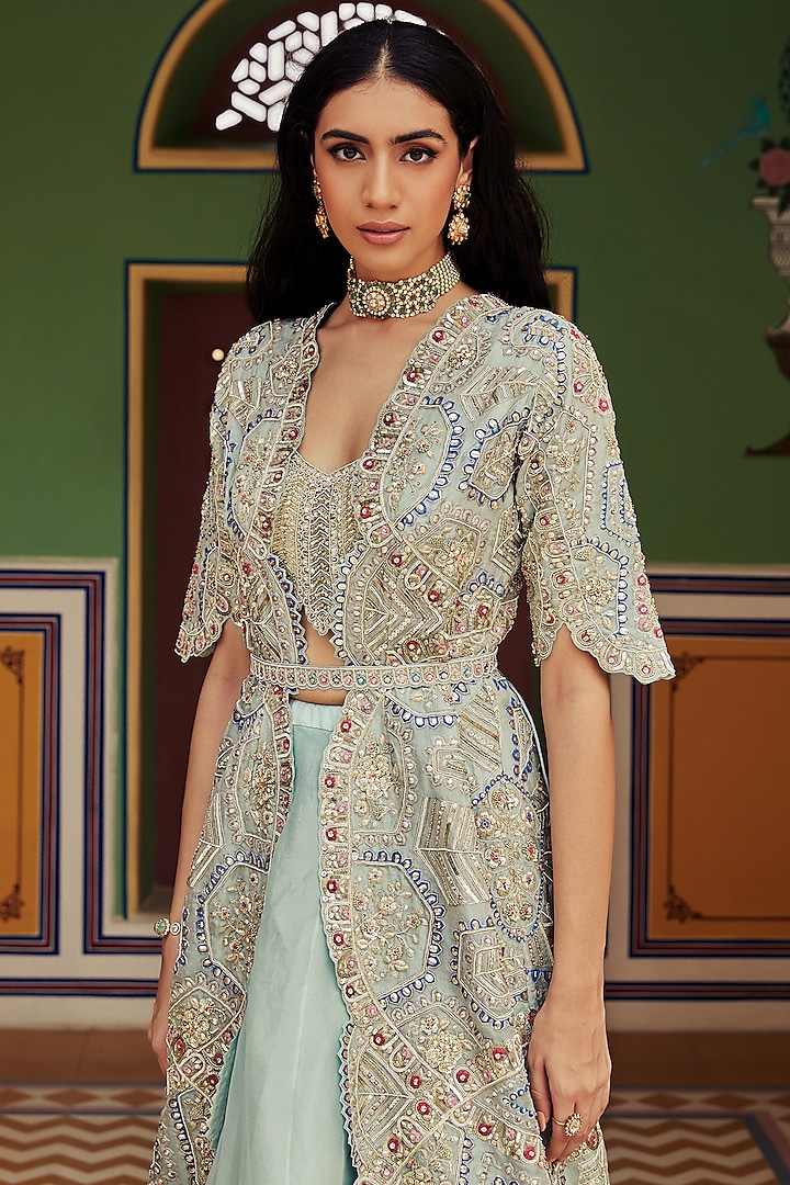 Teal Organza Embroidered Jacket Wedding Lehenga Set by Osaa By Adarsh at Pernia's Pop Up Shop