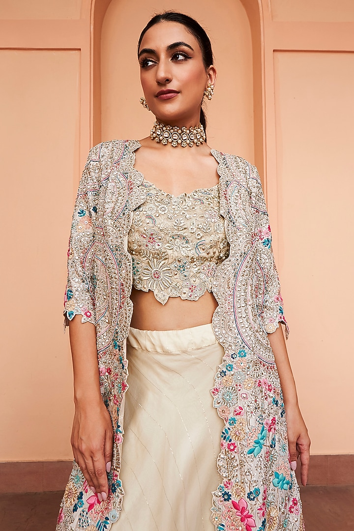 Pearl White Organza Embroidered Jacket Set by Osaa By Adarsh at Pernia's Pop Up Shop