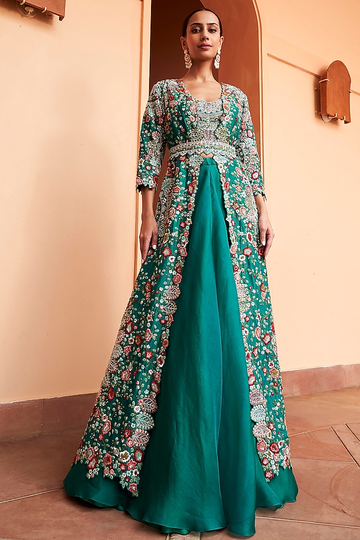Emerald Green Organza Embroidered Jacket Set by Osaa By Adarsh