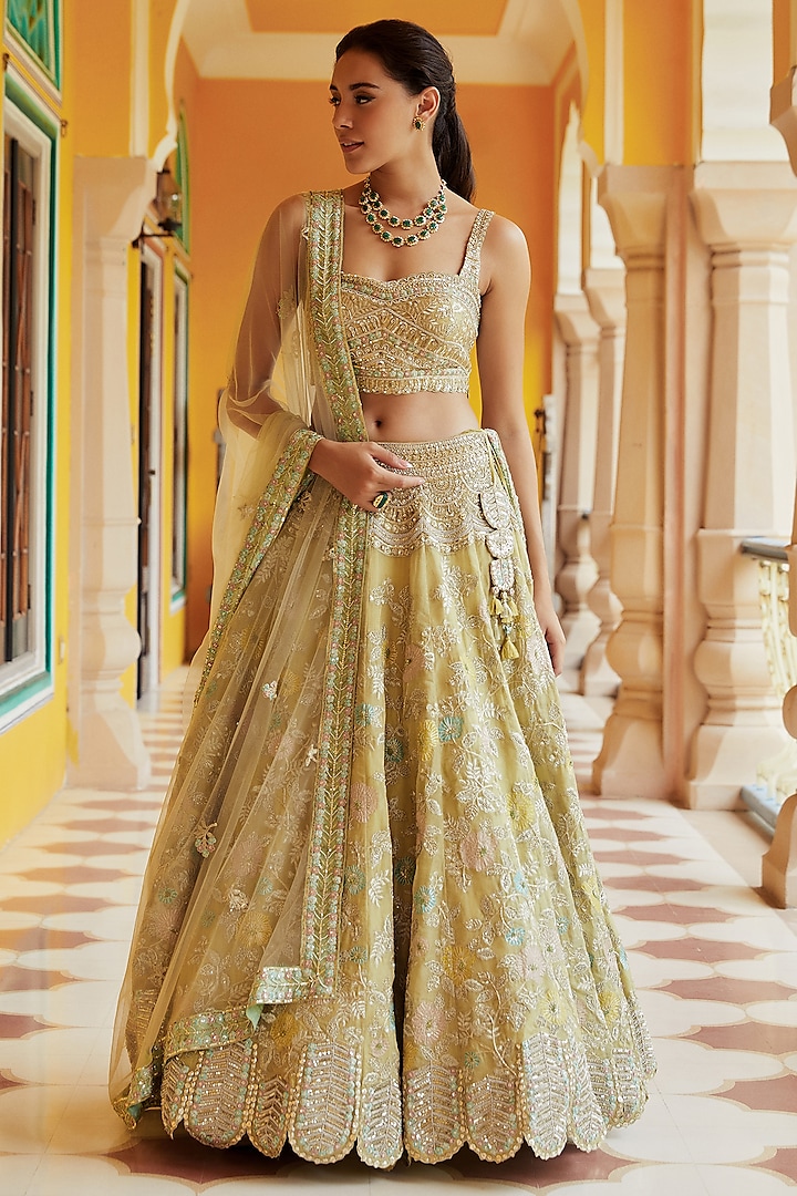 Taupe-Lemon Yellow Tissue Embroidered Lehenga Set by Osaa By Adarsh