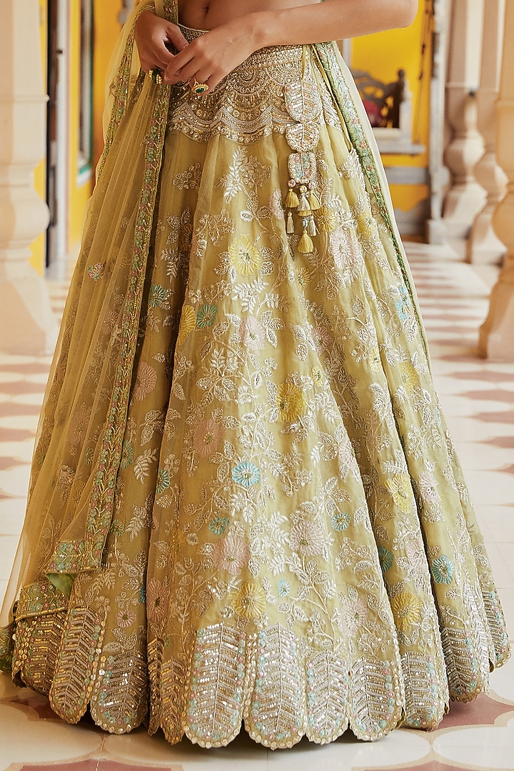 Taupe-Lemon Yellow Tissue Embroidered Bridal Lehenga Set by Osaa By Adarsh at Pernia's Pop Up Shop