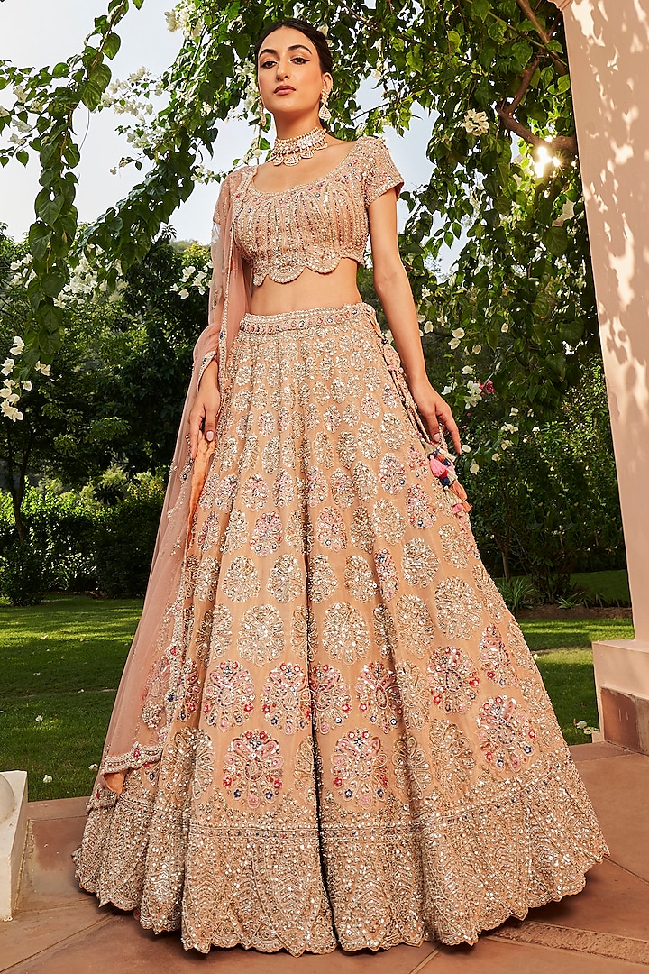 Coral Organza Embroidered Lehenga Set by Osaa By Adarsh