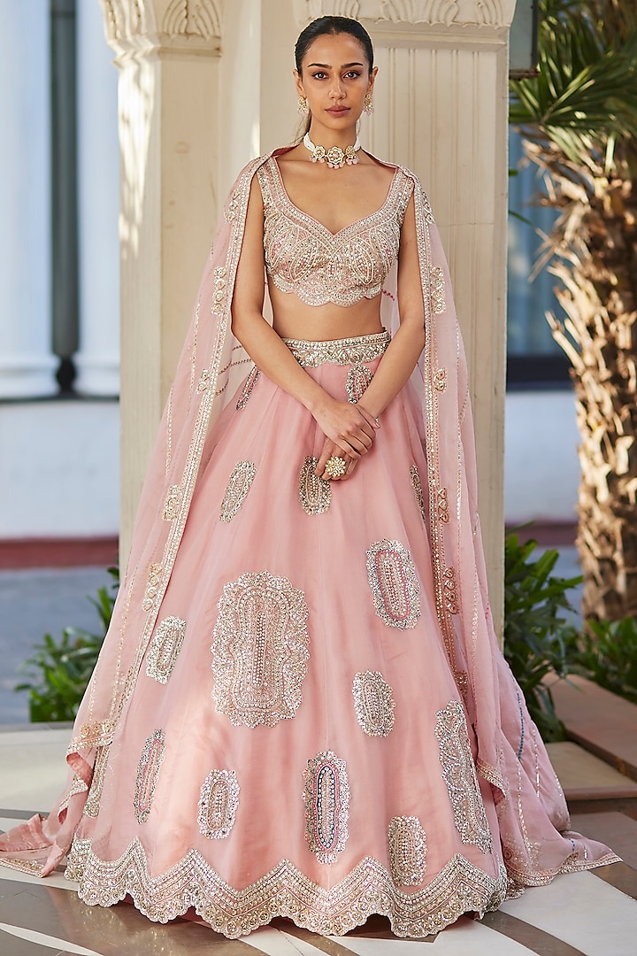 Soft Berry Pink Organza Motif Embroidered Lehenga by Osaa By Adarsh