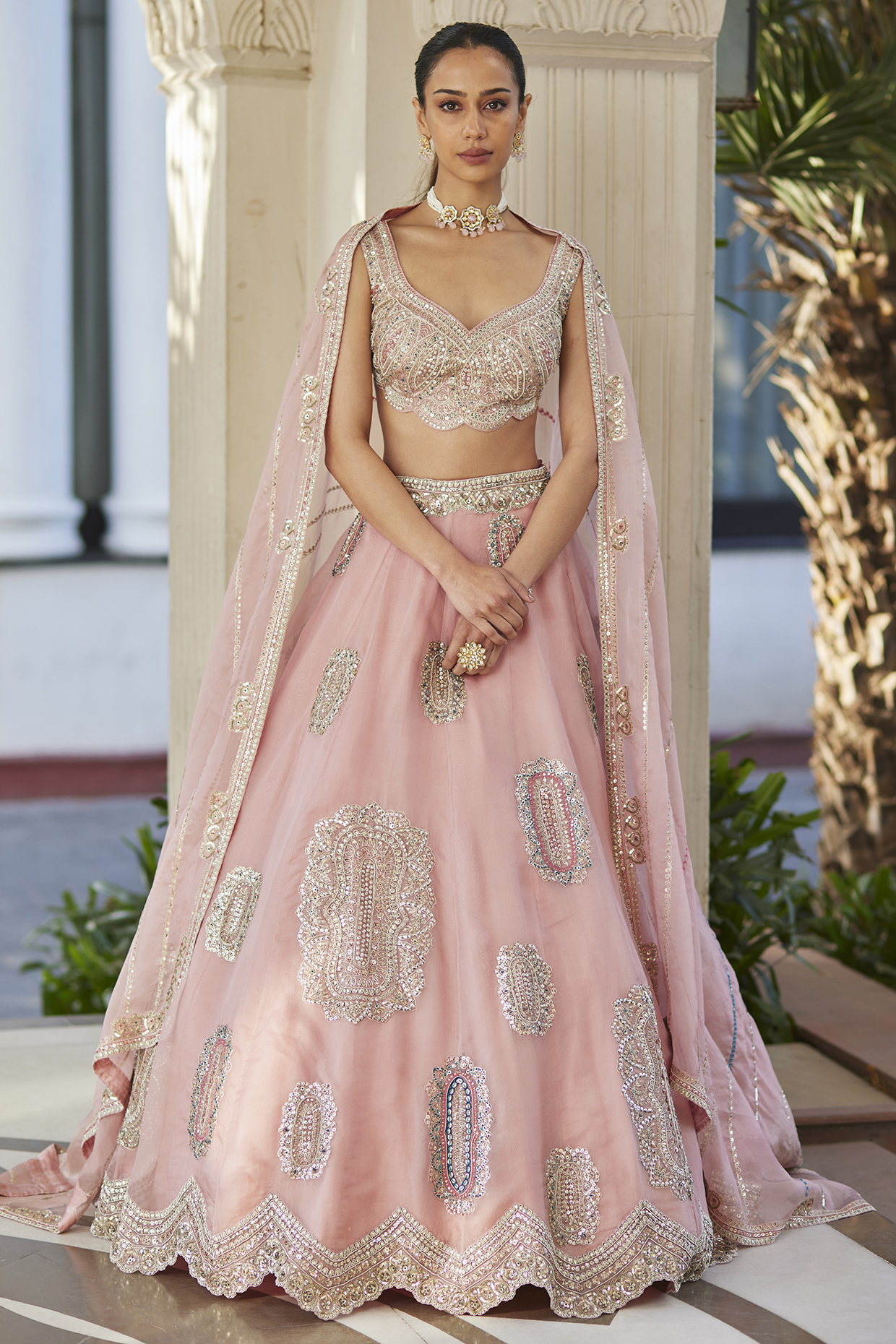 Soft Berry Pink Organza Motif Embroidered Bridal Lehenga by Osaa By Adarsh at Pernia's Pop Up Shop