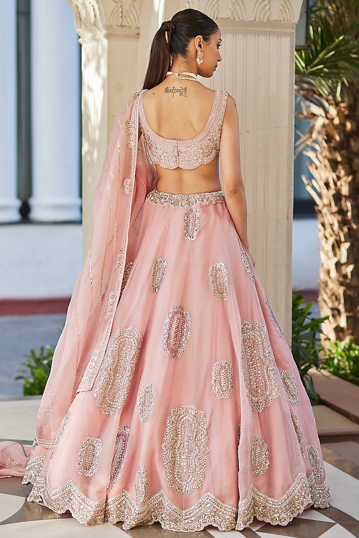Soft Berry Pink Organza Motif Embroidered Bridal Lehenga by Osaa By Adarsh at Pernia's Pop Up Shop