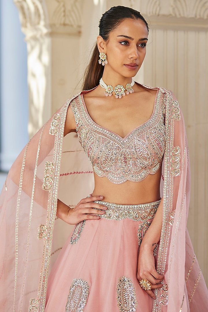 Soft Berry Pink Organza Motif Embroidered Bridal Lehenga by Osaa By Adarsh at Pernia's Pop Up Shop