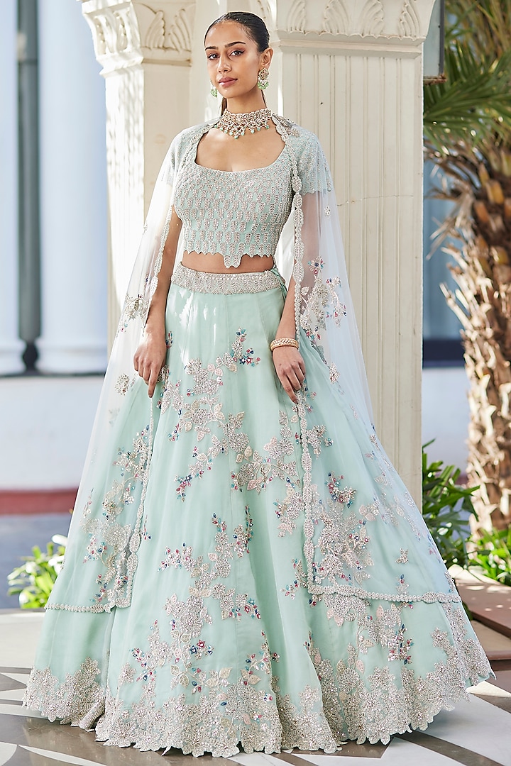 Pastel Blue Organza Embroidered Lehenga by Osaa By Adarsh