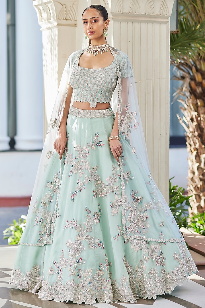 Pastel Blue Organza Embroidered Bridal Lehenga by Osaa By Adarsh at Pernia's Pop Up Shop