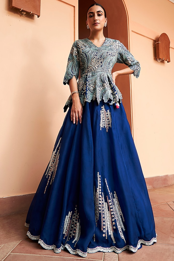 Midnight Blue Organza Skirt Set by OSAA By Adarsh at Pernia's Pop Up Shop