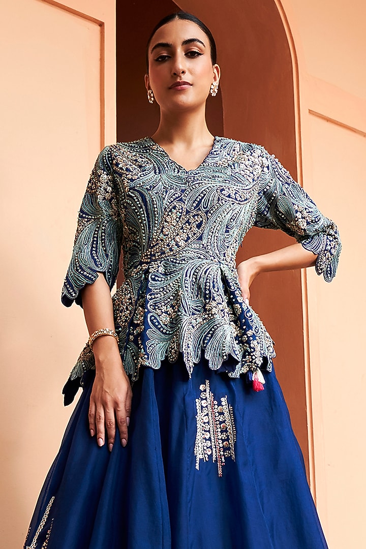 Midnight Blue Organza Skirt Set by OSAA By Adarsh at Pernia's Pop Up Shop