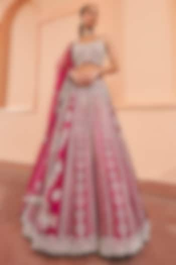 Sangria Plum Organza Linear Embroidered Lehenga Set by OSAA By Adarsh