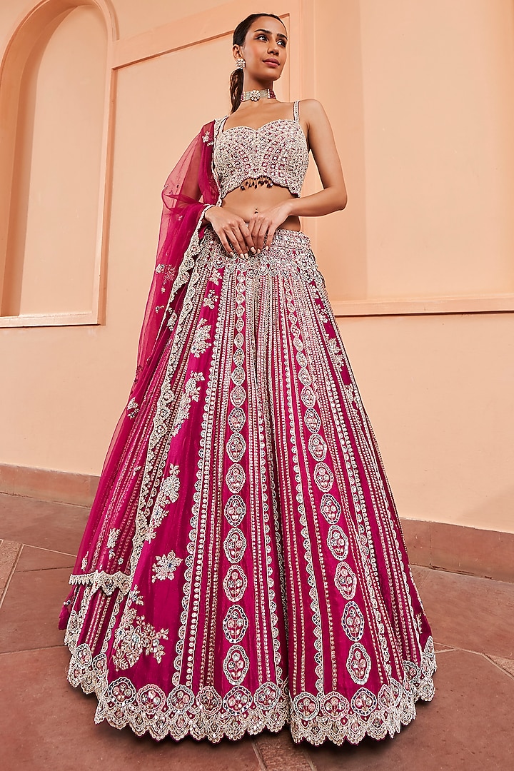 Sangria Plum Organza Linear Embroidered Lehenga Set by OSAA By Adarsh