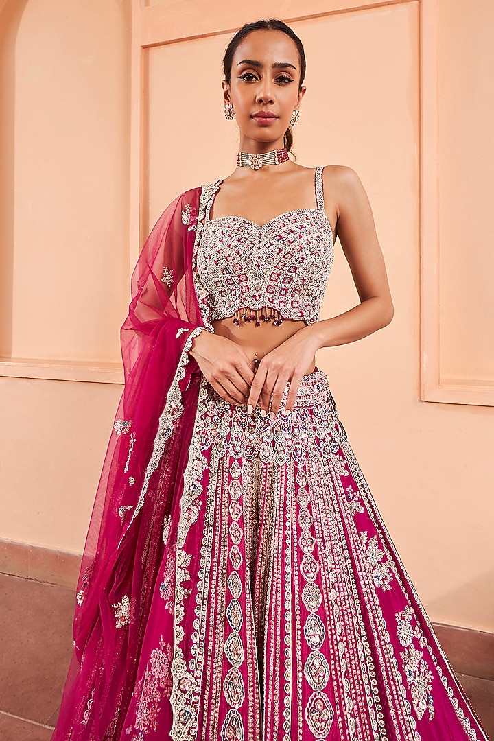 Sangria Plum Organza Linear Embroidered Bridal Lehenga Set by OSAA By Adarsh at Pernia's Pop Up Shop