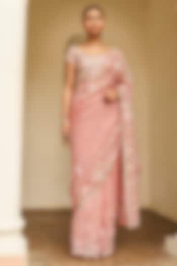 Soft Berry Pink Organza Embroidered Wedding Saree Set by OSAA By Adarsh at Pernia's Pop Up Shop