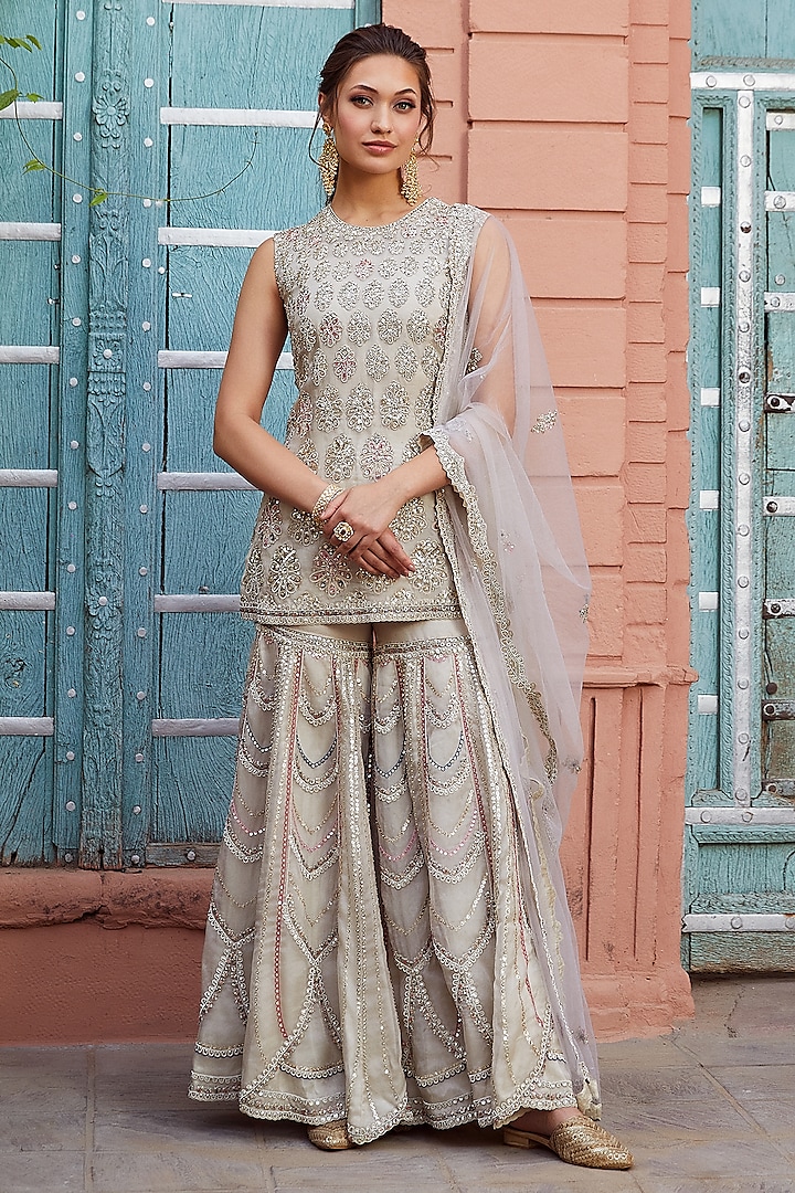 Pearl Organza Embroidered Sharara Set by OSAA By Adarsh