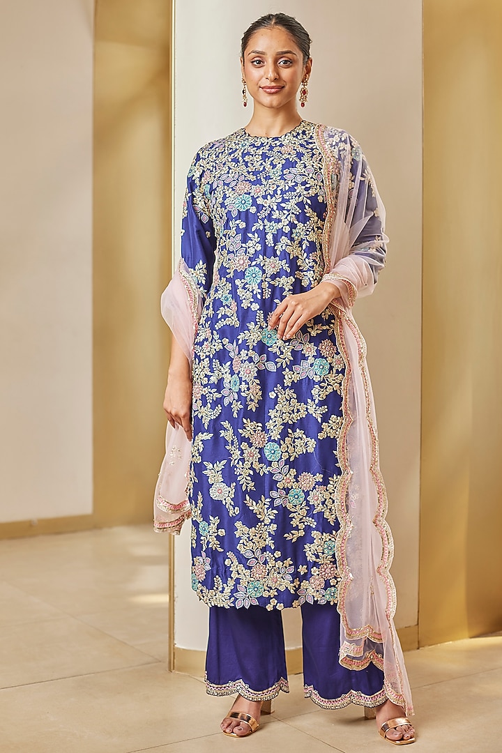 Navy Blue Mulberry Silk Embroidered Kurta Set by OSAA By Adarsh