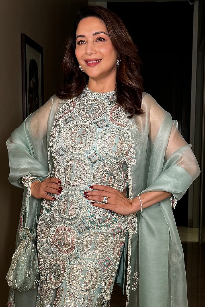 Cadet Blue Organza Zardosi Embroidered Bridal Sharara Set by OSAA By Adarsh at Pernia's Pop Up Shop