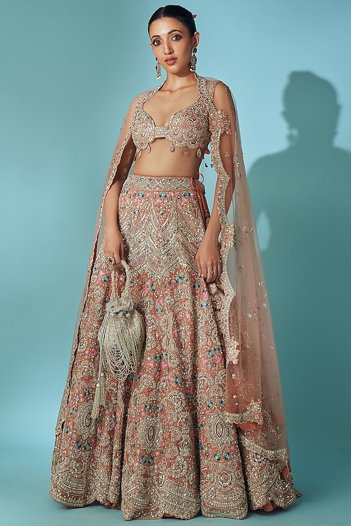 Coral Organza Zardosi Embroidered Lehenga Set by OSAA By Adarsh