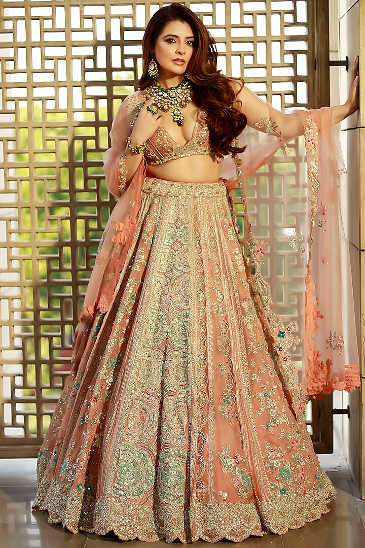 Coral Organza Zardosi Embroidered Bridal Lehenga Set by OSAA By Adarsh at Pernia's Pop Up Shop