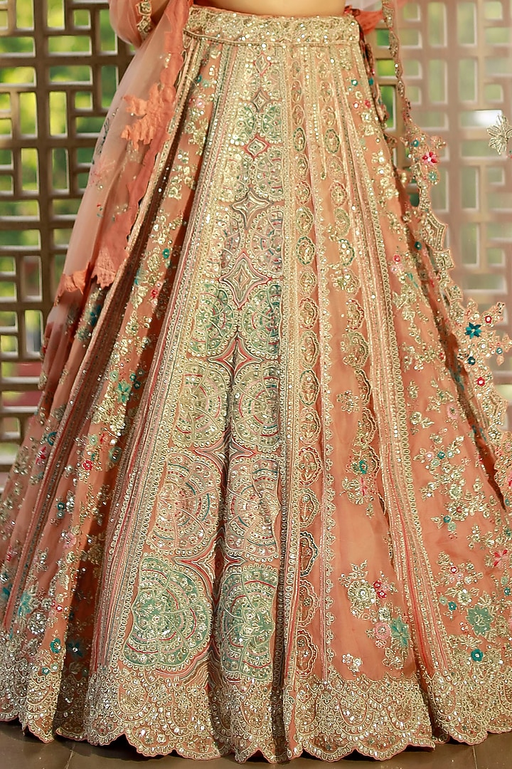 Coral Organza Zardosi Embroidered Bridal Lehenga Set by OSAA By Adarsh at Pernia's Pop Up Shop