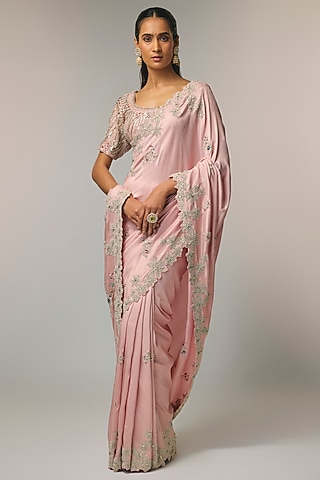 Soft Berry Mulberry Silk Zardosi Handcrafted Saree Set by OSAA By Adarsh